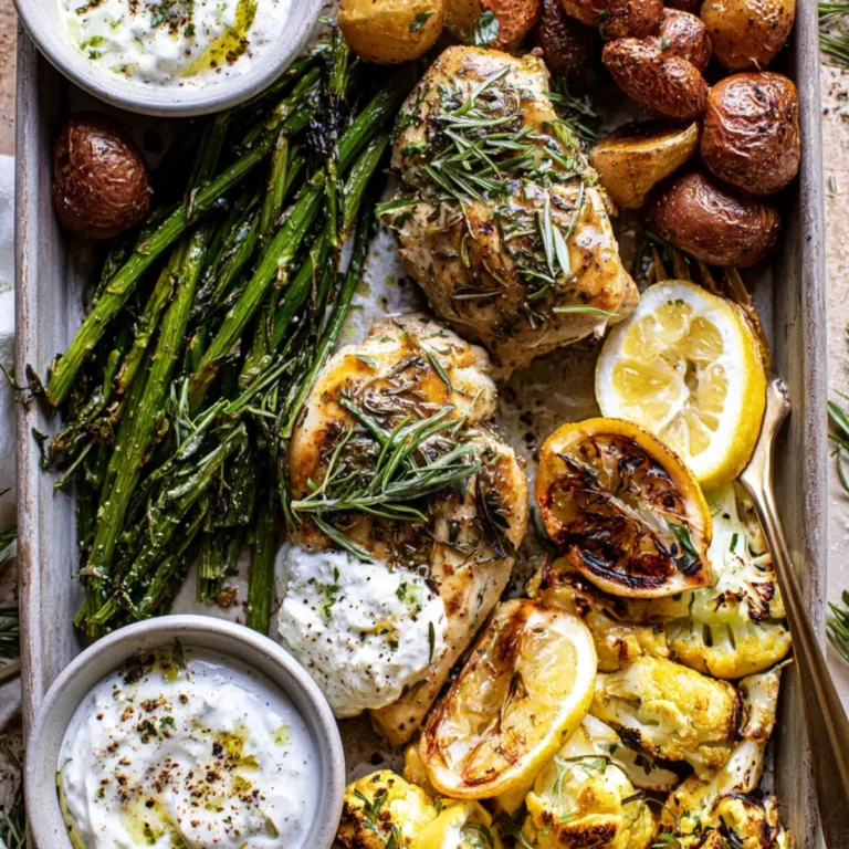 Sheet Pan Lemon Rosemary Dijon Chicken with Feta Goddess Sauce