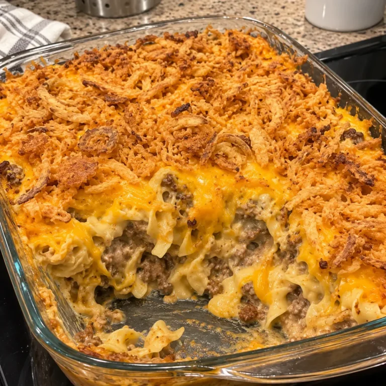 Cheesy Beef and Noodle Casserole with Crispy French Onions