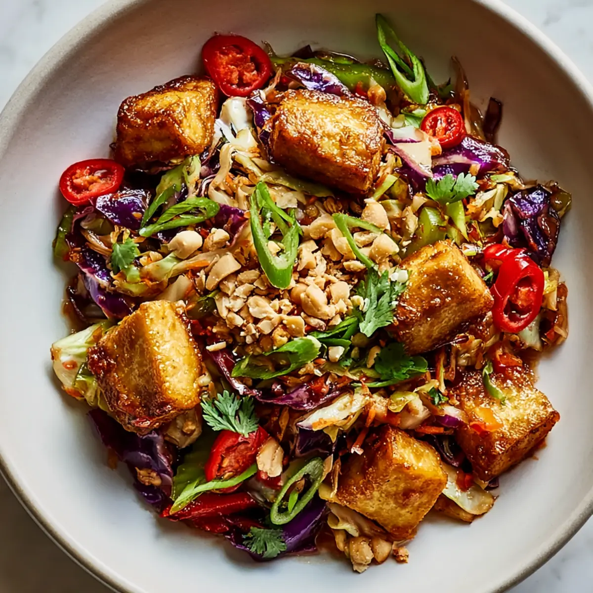 Vegan Cabbage Stir-Fry with Crispy Tofu and Peanut Crunch